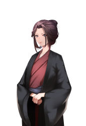 Rule 34 | 1girl, absurdres, black hair, blue eyes, closed mouth, collarbone, commentary request, cowboy shot, emma the gentle blade, hair bun, hair rings, highres, izaac, japanese clothes, kimono, long sleeves, looking at viewer, mole, mole under eye, red kimono, sekiro: shadows die twice, short hair, simple background, single hair bun, solo, white background, wide sleeves