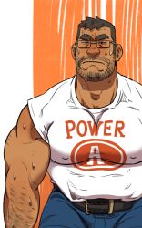 Rule 34 | 1boy, arm hair, bara, beard stubble, belt, blush, bulge, covered erect nipples, dark-skinned male, dark skin, denim, exercising, facial hair, frown, glasses, half-closed eyes, jeans, large pectorals, male focus, mature male, muscular, muscular male, mustache stubble, original, paid reward available, pants, pectorals, shirt, short hair, sleeveless, sleeveless shirt, solo, strongman waist, stubble, thick eyebrows, unspoken (firebreath110), weightlifting