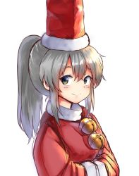 Rule 34 | 1girl, alternate color, bell, christmas, commentary request, grey eyes, grey hair, hat, highres, kushidama minaka, long sleeves, looking at viewer, mononobe no futo, ponytail, santa costume, simple background, smile, solo, tate eboshi, touhou, upper body, white background, wide sleeves