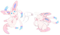 Rule 34 | &gt; &lt;, 10s, :d, blue eyes, blush, bow, closed eyes, creatures (company), game freak, gen 6 pokemon, hair dryer, holding, jumping, looking at viewer, nintendo, open mouth, pink bow, pokemon, pokemon (creature), pokemon xy, simple background, smile, sylveon, white background, yurichi (artist)