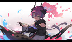 Rule 34 | 0shino, 1girl, bare shoulders, black gloves, black shirt, blue eyes, blurry, blurry foreground, clothing cutout, depth of field, eyebrows hidden by hair, gloves, hair between eyes, honkai (series), honkai impact 3rd, letterboxed, long sleeves, looking at viewer, parted lips, pink hair, rozaliya olenyeva, rozaliya olenyeva (fervent tempo), see-through, shirt, short eyebrows, shoulder cutout, solo, thick eyebrows, wide sleeves