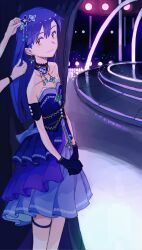 Rule 34 | 1girl, 1other, absurdres, adjusting another&#039;s hair, armlet, blue choker, blue dress, blue gloves, blue hair, brooch, brown eyes, choker, collarbone, commentary, curtains, dress, earrings, english commentary, feason, garter belt, gloves, hair ornament, highres, idol, idol clothes, idolmaster, jewelry, kisaragi chihaya, long hair, looking at viewer, own hands together, sleeveless, sleeveless dress, stage, standing