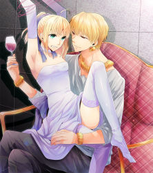 Rule 34 | 1boy, 1girl, ahoge, alcohol, armpits, artoria pendragon (all), artoria pendragon (fate), bad id, bad pixiv id, bare shoulders, blonde hair, bound, bracelet, cup, dress, drinking glass, earrings, elbow gloves, fate/stay night, fate/zero, fate (series), gilgamesh (fate), gloves, green eyes, hair ribbon, irono (irtyu), jewelry, leg up, legs, necklace, official alternate costume, red eyes, ribbon, saber (fate), thighhighs, thighs, tied up (nonsexual), white thighhighs, wine, wine glass