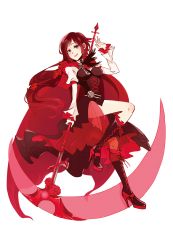 Rule 34 | 1girl, boots, breasts, cape, flower, high heel boots, high heels, hood, kuma (bloodycolor), lolita fashion, long hair, aged up, rose, ruby rose, rwby, scythe, solo
