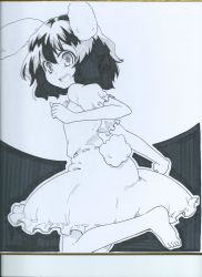 Rule 34 | 1girl, animal ears, barefoot, carrot necklace, clenched hands, dark background, dress, futa (nabezoko), greyscale, hair between eyes, highres, inaba tewi, leg up, looking at viewer, looking back, monochrome, necklace, open mouth, photo (medium), puffy short sleeves, puffy sleeves, rabbit ears, rabbit girl, rabbit tail, shikishi, short hair, short sleeves, sketch, smile, solo, tail, traditional media, white background
