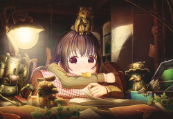 Rule 34 | 1girl, aiuabo, black hair, blanket, book, bookshelf, box, commentary request, cushion, feet up, food in mouth, ginkgo leaf, highres, indoors, lamp, leaf, long sleeves, lying, mouth hold, night, non-humanoid robot, on stomach, open book, original, plant, purple eyes, reading, robot, robot animal, socks, solo, vines, window