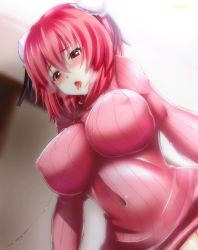 Rule 34 | 1girl, alternate costume, blush, breasts, double bun, ebi 193, covered erect nipples, ibaraki kasen, impossible clothes, impossible sweater, large breasts, naked sweater, open mouth, red eyes, red hair, ribbed sweater, saliva, saliva trail, short hair, solo, sweater, tongue, touhou