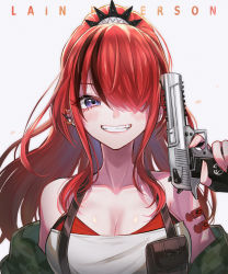 Rule 34 | 1girl, ayaaa968, bandeau, bare shoulders, black hair, breasts, camouflage, camouflage jacket, character name, cleavage, collarbone, desert eagle, ear piercing, finger on trigger, green jacket, grin, gun, hair ornament, hair over one eye, handgun, high ponytail, highres, holding, holding gun, holding weapon, jacket, lain paterson, lain paterson (1st costume), large breasts, long hair, looking at viewer, multicolored hair, nijisanji, off shoulder, open clothes, open jacket, piercing, pistol, ponytail, purple eyes, red hair, simple background, smile, solo, strapless, streaked hair, suspenders, tube top, upper body, virtual youtuber, weapon, white background, white tube top