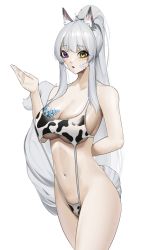 Rule 34 | 1girl, absurdres, animal ears, animal print, bad id, bad pixiv id, blue eyes, breast tattoo, breasts, cleavage, cow print, cowboy shot, grey hair, hand up, heterochromia, highres, large breasts, long hair, navel, norunollu, one-piece swimsuit, original, print swimsuit, skindentation, solo, swimsuit, tail, tattoo, very long hair, yellow eyes