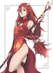 Rule 34 | china dress, chinese clothes, cordelia (fire emblem), dress, elbow gloves, fire emblem, fire emblem awakening, gloves, highres, holding, holding polearm, holding spear, holding weapon, long hair, looking at viewer, nintendo, polearm, red eyes, red hair, smile, solo, spear, thighs, weapon