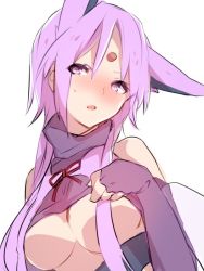Rule 34 | 1girl, animal ears, blush, breasts, clothes lift, covered erect nipples, creatures (company), elbow gloves, espeon, facial mark, fingerless gloves, forehead mark, game freak, gen 2 pokemon, gloves, looking at viewer, nintendo, open mouth, personification, pokemon, purple eyes, purple hair, shirt lift, sketch, solo, sweatdrop, underboob, white background, zinpati