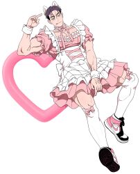 Rule 34 | 1boy, :q, absurdres, alternate costume, animal ears, balnom, bara, bow legwear, calf, cat ears, dress, enmaided, full body, heart, heart background, highres, leaning to the side, looking at viewer, maid, male focus, mature male, muscular, muscular male, nike (company), original, pectoral cleavage, pectorals, pink dress, pink skirt, pointing, pointing at self, seductive smile, shoes, short hair, skirt, skirt hold, smile, sneakers, socks, solo, thick eyebrows, thighhighs, tongue, tongue out, tsurime, white socks, white thighhighs, zettai ryouiki