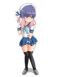 Rule 34 | 1girl, bad id, bad pixiv id, black panties, black thighhighs, blue neckerchief, blue ribbon, blue skirt, clothes lift, full body, gloves, gradient hair, hat, kantai collection, knees together feet apart, legs together, lifting own clothes, momomi patricia, multicolored hair, neckerchief, orange hair, panties, pleated skirt, puffy short sleeves, puffy sleeves, purple eyes, purple hair, ribbon, sailor hat, school uniform, serafuku, short hair, short sleeves, sidelocks, simple background, skirt, skirt lift, solo, standing, thighhighs, tsushima (kancolle), underwear, white background, white gloves, white hat