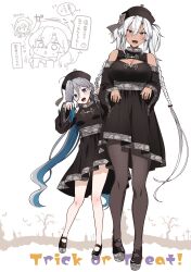 Rule 34 | 2girls, absurdres, ahoge, bare shoulders, black dress, black footwear, black headwear, black pantyhose, blush, braid, breasts, commentary request, dark-skinned female, dark skin, dress, full body, grey hair, hair between eyes, halloween, halloween costume, happy halloween, highres, kantai collection, kiyoshimo (kancolle), large breasts, long hair, long sleeves, looking at viewer, low twin braids, multiple girls, musashi (kancolle), ofuda, pantyhose, purple eyes, red eyes, simple background, small breasts, smile, speech bubble, translation request, trick or treat, twin braids, very long hair, white background, yunamaro