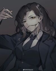 Rule 34 | 1girl, absurdres, akechi (826988799), black jacket, black necktie, black suit, blue eyes, braces, breasts, brown hair, cigarette, collared shirt, dress shirt, formal, grey background, grin, hand up, highres, holding, holding cigarette, jacket, large breasts, long hair, looking at viewer, necktie, open clothes, open jacket, reverse:1999, shirt, smile, solo, suit, tooth fairy (reverse:1999), upper body, waistcoat, weibo logo, weibo watermark, white shirt