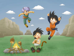 Rule 34 | 3boys, :d, absurdres, black eyes, black hair, blouse, blue eyes, blue hair, brothers, child, cloud, commentary, commission, commissioner upload, cooking, day, dragon ball, eating, english commentary, floating, flying, food, grass, hair between eyes, highres, looking at another, male focus, meat, midair, mitsui jun, mountain, multiple boys, open mouth, outdoors, science fiction, second-party source, shirt, short hair, siblings, sky, sleeveless, sleeveless shirt, smile, son gohan, son goten, spiked hair, stick, stone, time paradox, trunks (dragon ball)