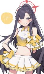 Rule 34 | 1girl, black hair, blue archive, cheerleader, choker, commentary request, english text, grey eyes, grin, halo, highres, ichika (blue archive), long hair, midriff, navel, one eye closed, pleated skirt, pom pom (cheerleading), ponytail, skirt, smile, solo, speech bubble, wotakana s
