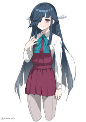Rule 34 | 1girl, absurdres, aqua bow, aqua bowtie, black hair, bow, bowtie, brown eyes, collared shirt, cropped legs, dress, dress shirt, grey pantyhose, hair over one eye, halter dress, halterneck, hayashimo (kancolle), highres, hime cut, kantai collection, long hair, one-hour drawing challenge, pantyhose, pleated dress, purple dress, shirt, solo, standing, twitter username, very long hair, white shirt, yamano rita