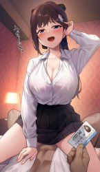 Rule 34 | 1boy, 1girl, absurdres, black bow, black skirt, blush, bow, breasts, brown hair, cleavage, collarbone, collared shirt, commentary request, girl on top, hair bow, hair ornament, hetero, highres, id card, karaage bou, large breasts, long hair, looking at viewer, miniskirt, open mouth, original, partially unbuttoned, pleated skirt, ponytail, purple eyes, shirt, sidelocks, skirt, smile, tongue, translation request, white shirt