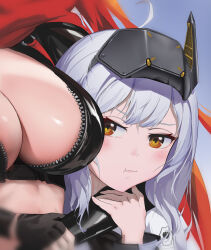Rule 34 | 2girls, absurdres, ahoge, black dress, black gloves, black jacket, blush, breasts, chinese commentary, cleavage, cloak, closed mouth, commentary request, cropped jacket, dana heng, dress, fingerless gloves, gloves, goddess of victory: nikke, hair between eyes, head-mounted display, headlock, highres, jacket, large breasts, leather, leather jacket, long hair, long sleeves, looking at viewer, mixed-language commentary, multiple girls, partial commentary, pout, red hair, red hood (nikke), red scarf, scarf, sidelocks, snow white (innocent days) (nikke), snow white (nikke), solo focus, standing, stomach, unzipped, upper body, white cloak, white hair, yellow eyes