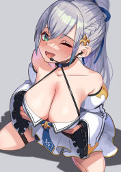 Rule 34 | 1girl, absurdres, bare shoulders, blush, breasts, cleavage, green eyes, highres, hololive, idol, large breasts, long hair, looking at viewer, one eye closed, open mouth, otk, ponytail, shirogane noel, silver hair, sitting, smile, solo, virtual youtuber