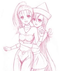 Rule 34 | 1990s (style), 2girls, alena (dq4), ark-royal, bare shoulders, breasts, cape, chrono (series), chrono trigger, chunsoft, crossover, dragon quest, dragon quest iv, enix, hat, hug, marle (chrono trigger), monochrome, multiple girls, pink theme, ponytail, sketch, small breasts