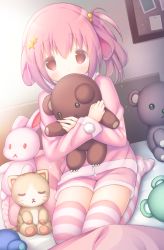 Rule 34 | 1girl, animal ears, bad id, bad pixiv id, bed, blush, brown eyes, bulletin board, covered mouth, frilled pillow, frills, hair between eyes, hair ornament, hood, hood down, hooded jacket, hugging object, indoors, jacket, long sleeves, looking at viewer, murano, no shoes, on bed, original, pillow, pink hair, pink jacket, pink shorts, seiza, short shorts, shorts, sitting, solo, star (symbol), star hair ornament, striped clothes, striped thighhighs, stuffed animal, stuffed cat, stuffed rabbit, stuffed toy, teddy bear, thighhighs