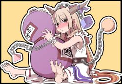 Rule 34 | 1girl, barefoot, belt, blonde hair, blush, bow, brown eyes, chain, commentary, cube, drunk, full body, gourd, hair between eyes, hair bow, horn ornament, horn ribbon, horns, ibuki suika, long hair, looking at viewer, open mouth, orb, outline, purple ribbon, purple skirt, pyramid (structure), red bow, ribbon, ribbon-trimmed skirt, ribbon trim, shinmon akika, shirt, sidelocks, sitting, skirt, sleeveless, sleeveless shirt, solo, touhou, very long hair, white outline, white shirt, wrist cuffs, yellow background