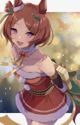 Rule 34 | 1girl, animal ears, arms behind back, bare shoulders, blurry, blurry background, blush, bow, box, breasts, brown hair, cleavage, commentary, dress, forehead, fur-trimmed dress, fur choker, fur trim, gift, gift box, hair ornament, highres, horse ears, horse girl, karajio, looking at viewer, medium breasts, medium hair, official alternate costume, open mouth, pom pom (clothes), purple eyes, red bow, red dress, sakura laurel (don&#039;t stop from here!) (umamusume), sakura laurel (umamusume), santa dress, snow, solo, umamusume