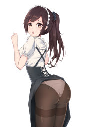 Rule 34 | 1girl, ass, bantian yindang, black hair, black pantyhose, blush, breasts squeezed together, breasts, frills, from behind, high-waist skirt, highres, large breasts, long hair, looking at viewer, looking back, maid, maid headdress, open mouth, original, panties, panties under pantyhose, pantyhose, ponytail, skirt, solo, thighband pantyhose, underwear, uniform, white background, yellow eyes