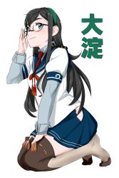 Rule 34 | 10s, 1girl, adjusting eyewear, bad id, bad twitter id, black hair, boots, feet, glasses, hairband, hand on own thigh, hip vent, kantai collection, kneeling, long hair, necktie, ojipon, ooyodo (kancolle), school uniform, serafuku, simple background, solo, thigh boots, thighhighs