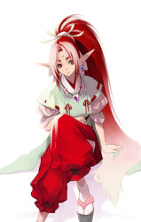 Rule 34 | 1girl, elf, female focus, koharu nosuke, long hair, pointy ears, ponytail, red eyes, red hair, simple background, solo, white background