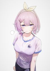 Rule 34 | 1girl, puff of air, absurdres, arms at sides, blouse, blush, bra visible through clothes, closed mouth, collarbone, cowboy shot, grey background, gym uniform, hair ornament, hairband, hairclip, highres, huge filesize, light purple hair, logo, looking at viewer, nijisanji, nijisanji kr, nun bora, purple eyes, purple shirt, shirt, short hair, short sleeves, shorts, sign (jojo1408), simple background, solo, sweatdrop, virtual youtuber, white hairband