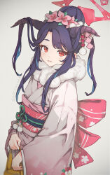 Rule 34 | 1girl, bag, bespin, black hair, black horns, blue archive, bow, commentary request, demon horns, flower, fur-trimmed kimono, fur collar, fur trim, fuuka (blue archive), fuuka (new year) (blue archive), hair bun, hair flower, hair on horn, hair ornament, halo, highres, holding, holding bag, horns, japanese clothes, kimono, long hair, long sleeves, looking at viewer, obi, official alternate costume, open mouth, pink bow, pink halo, pink kimono, red eyes, sash, simple background, smile, solo, twitter username, wide sleeves, yellow bag
