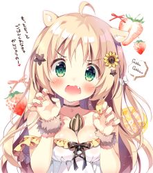 Rule 34 | 1girl, ahoge, animal ear fluff, animal ears, bare shoulders, between breasts, black choker, blush, bow, breasts, brown bow, choker, claw pose, collarbone, commentary request, dress, fang, fingernails, flower, food, fruit, green eyes, hair between eyes, hair bow, hair flower, hair ornament, hands up, head tilt, heart, light brown hair, long hair, medium breasts, open mouth, original, pan (mimi), parted bangs, simple background, solo, strapless, strapless dress, strawberry, sunflower, sunflower hair ornament, translation request, upper body, v-shaped eyebrows, very long hair, wavy mouth, white background, white bow, white dress, yellow flower