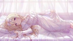 Rule 34 | 1girl, arched back, bed sheet, blue eyes, blush, bow, commentary request, dress, from side, fusuma (ramunezake), hair bow, highres, long hair, long sleeves, looking at viewer, looking to the side, lying, on back, on bed, original, parted lips, pillow, ribbon, see-through, skirt hold, solo, star (symbol), very long hair, white bow, white dress, white ribbon