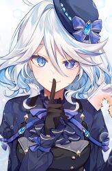 Rule 34 | 1girl, ahoge, ascot, black gloves, blue eyes, blue hair, blue hat, breasts, closed mouth, finger to mouth, frills, furina (genshin impact), genshin impact, gloves, hair between eyes, hat, heterochromia, index finger raised, long hair, long sleeves, looking at viewer, medium breasts, multicolored hair, purple eyes, shushing, smile, solo, taya oco, top hat, white hair
