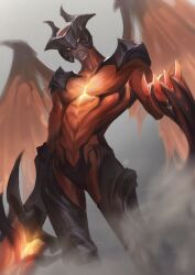 Rule 34 | 1boy, aatrox, clenched teeth, colored skin, cowboy shot, demon, from below, frown, glowing, glowing eyes, glowing skin, glowing sword, glowing weapon, grey background, hand up, highres, holding, holding sword, holding weapon, horns, kgynh, league of legends, looking down, male focus, outdoors, red skin, smoke, solo, standing, sword, teeth, weapon, wings, yellow eyes