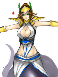 Rule 34 | 1girl, armor, breasts, brown hair, cassiopeia (league of legends), cleavage, cleavage cutout, clothing cutout, forehead protector, green eyes, heart, highres, kumiko shiba, lamia, large breasts, league of legends, monster girl, pauldrons, shoulder armor, snake tail, solo, tail, vambraces