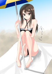 Rule 34 | 1girl, bad id, bad pixiv id, barefoot, beach, beach umbrella, bikini, black bikini, blanket, blue sky, breasts, brown eyes, brown hair, clear sky, closed mouth, commentary, criss-cross halter, day, eno (mauritz stiller), frown, full body, girls und panzer, hair over shoulder, halterneck, highres, holding, hugging own legs, long hair, looking at viewer, medium breasts, mika (girls und panzer), no headwear, outdoors, shadow, sitting, sky, solo, swimsuit, translated, umbrella