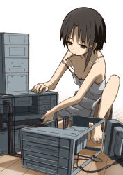 Rule 34 | 1girl, asymmetrical hair, bare arms, bare legs, bare shoulders, barefoot, black eyes, black hair, breasts, cable, cleavage, collarbone, dress, eyebrows, hair ornament, io naomichi, iwakura lain, mouth hold, serial experiments lain, short hair, simple background, sitting, small breasts, solo, strap slip, toenails, white background, white dress, x hair ornament