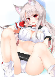 Rule 34 | 1girl, animal ear fluff, animal ears, azur lane, black skirt, blue nails, bow, bow bra, bra, breasts, cleavage, clothes lift, fang, fingerless gloves, fingernails, gloves, hand up, hidaka0503, long hair, looking at viewer, medium breasts, miniskirt, multicolored nails, nail polish, navel, open mouth, panties, pink bow, pink eyes, pink nails, pleated skirt, puffy short sleeves, puffy sleeves, shirt lift, short sleeves, silver hair, skirt, solo, tail, thick eyebrows, underwear, white bra, white legwear, white panties, wolf ears, wolf girl, wolf tail, yuudachi (azur lane)