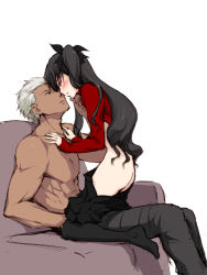 Rule 34 | 1boy, 1girl, archer (fate), ass, bad id, bad pixiv id, black hair, black skirt, blue eyes, blush, clothes pull, couch, dark-skinned male, dark skin, eye contact, fate/stay night, fate (series), girl on top, grey eyes, hair ribbon, hand on another&#039;s chin, hetero, highres, long hair, looking at another, manly, ribbon, short hair, simple background, sitting, sketch, skirt, skirt pull, tohsaka rin, toyoyuki, twintails, white background, white hair