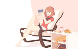 Rule 34 | 1girl, bag, barefoot, bike shorts, brown hair, chair, collared shirt, commentary, creatures (company), cup, english commentary, game freak, grey eyes, handheld game console, hands up, highres, holding, holding handheld game console, legs, makaroll, may (pokemon), mug, nintendo, nintendo 3ds, open mouth, playing games, poke ball, poke ball (basic), pokemon, pokemon rse, reclining, red shirt, shirt, short sleeves, skirt, smile, toes, tongue, unworn bag, white skirt