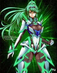 Rule 34 | 1girl, armor, breasts, cleavage, commentary, commission, covered navel, deviantart username, earrings, english commentary, gloves, glowing, green eyes, green hair, jadenkaiba, jewelry, large breasts, long hair, looking at viewer, matching hair/eyes, nintendo, pixiv username, pneuma (xenoblade), ponytail, sidelocks, smile, solo, spoilers, standing, swept bangs, thighs, very long hair, watermark, web address, xenoblade chronicles (series), xenoblade chronicles 2