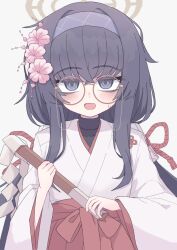 Rule 34 | 1girl, alternate costume, bags under eyes, black eyes, black hair, blue archive, blue hairband, blush, commentary, english commentary, flower, glasses, hair flower, hair ornament, hairband, halo, highres, japanese clothes, long hair, long sleeves, looking at viewer, miko, open mouth, round eyewear, simple background, tkugane, ui (blue archive), upper body, white background, yellow halo
