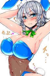 Rule 34 | 1girl, animal ears, armpits, arms behind head, blue eyes, blush, braid, breasts, cleavage, covered erect nipples, detached collar, earrings, grey hair, highres, izayoi sakuya, jewelry, jpeg artifacts, large breasts, looking at viewer, maid headdress, navel, playboy bunny, rabbit ears, rabbit tail, roki (hirokix), see-through, simple background, solo, sweat, tail, teeth, touhou, white background, wrist cuffs