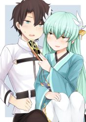 Rule 34 | 1boy, 1girl, aqua eyes, aqua hair, bad id, bad pixiv id, black hair, fate/grand order, fate (series), folding fan, fujimaru ritsuka (male), hair ornament, hand fan, horns, japanese clothes, jirou (tamaho39), kimono, kiyohime (fate), long hair, looking at another, looking to the side, short hair, sitting, sitting on lap, sitting on person, smirk, thighhighs, white thighhighs, yellow eyes