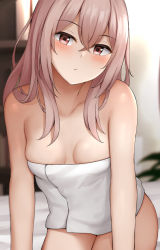 Rule 34 | 1girl, :/, bed sheet, blush, breasts, cleavage, closed mouth, collarbone, commentary, hair between eyes, highres, inui sajuna, long hair, looking at viewer, mizushina minato, naked towel, pink eyes, pink hair, sitting, small breasts, solo, sono bisque doll wa koi wo suru, towel