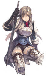 Rule 34 | 1girl, aoin, armor, artdink, boots, braid, brown eyes, brown hair, gloves, greaves, on one knee, ravness loxaerion, shorts, solo, sword, tactics ogre, thigh boots, thighhighs, twin braids, weapon